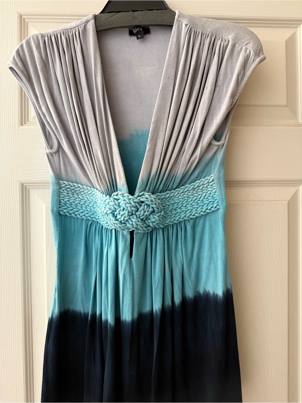 Sky ombre, blue grey sleeveless tunic top V – neck, braided knot empire waist